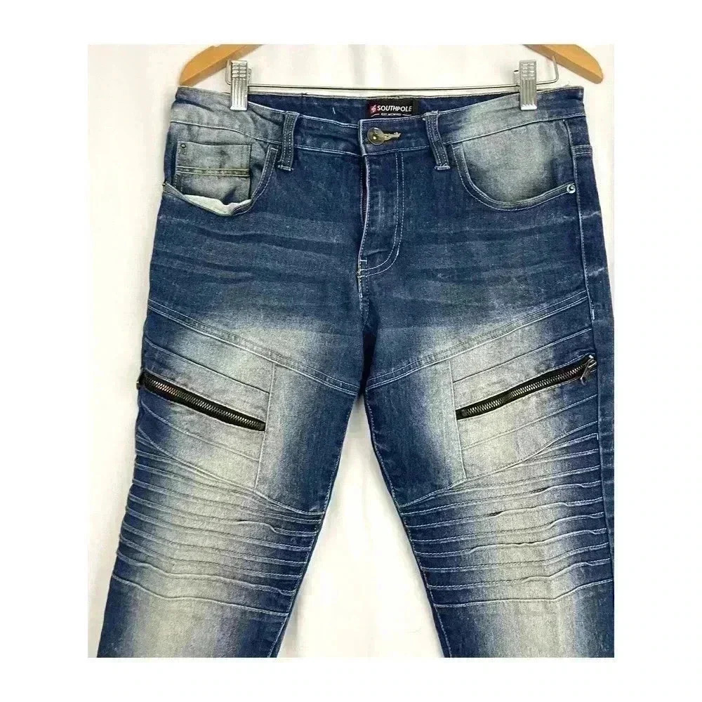 Southpole Blue Skinny Jeans Denim Moto Biker‎ Stretch 32x32 Mens - Picture 4 of 11